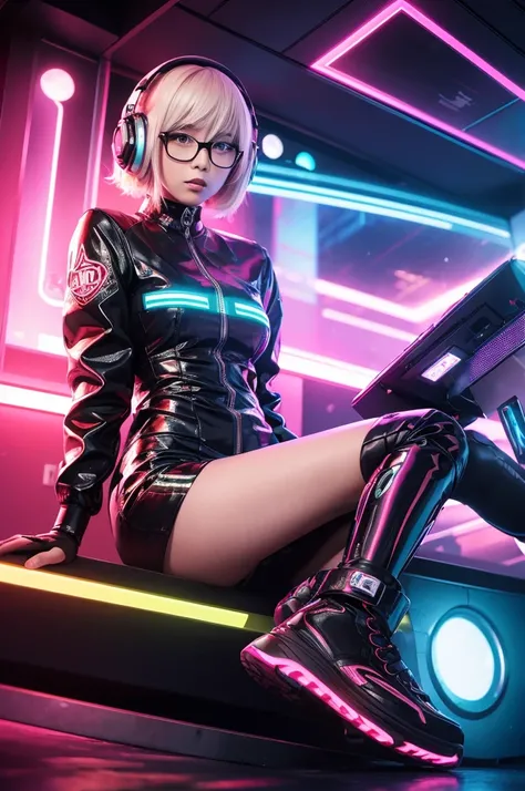 A beautiful Japanese girl with short, platinum blonde hair is depicted in a vertical anime-style illustration. She wears large, round glasses and black headphones, adding a modern and edgy look. Her outfit includes a translucent, thin-fabric dress undernea...