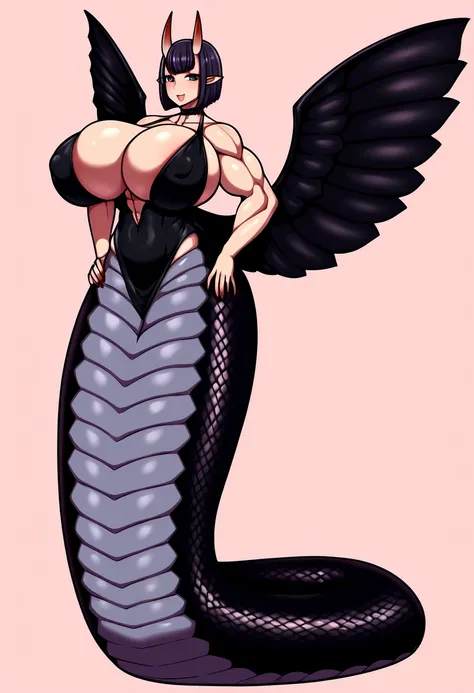 Shuten lamia, gigantic muscular body, gigantic pink lamia body with detailed fish scales, gigantic black wings, fish fin ears, big breasts, 4 arms, full body.