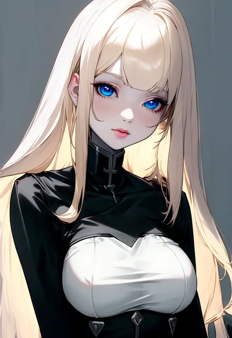 a tall woman, waist-length blonde hair, with straight bangs, blue eyes, pastel pink lips, pale skin, black demon hunter uniform