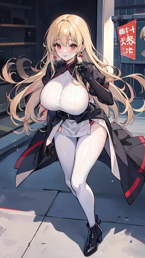 25 year old beautiful girl，long blonde hair，Smile，Huge breasts，Transparent white full body tights，Leave space in the middle to reveal 劈裂，Soaked all over，blush，Red eyes，female spy，Black gloves，Black boots，Science fiction，future，Robot warehouse，A pistol was ...