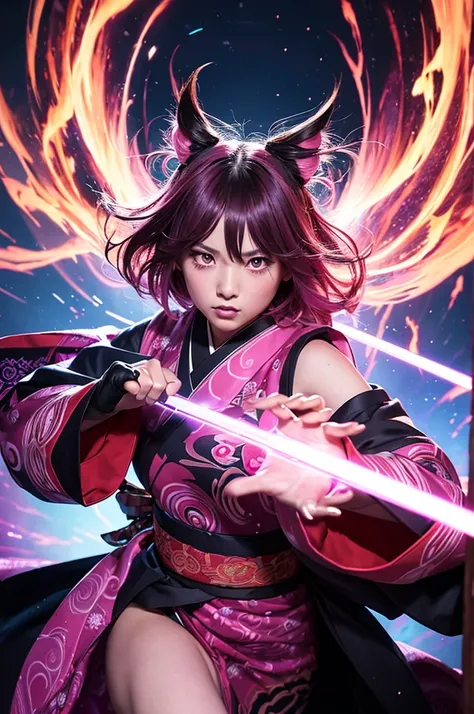 
A fierce Japanese girl is depicted in a vertical, anime-style illustration. She has long, flowing dark hair highlighted with vibrant pink streaks, and her eyes glow an intense, matching pink. She is wearing a traditional kimono with intricate patterns, an...