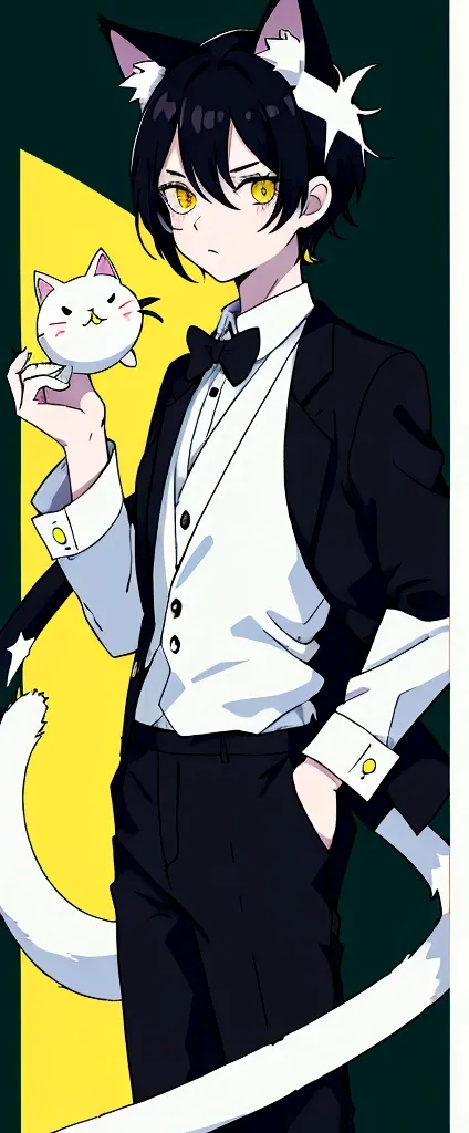 Anime boy with cat ears, Cat&#39;s tail, pale skin, black hair, eyes of different colors, the right one yellow with a star in the middle and the left one green, dress clothes, White shirt, white tie, black pantaloon, gabadina cafe background  