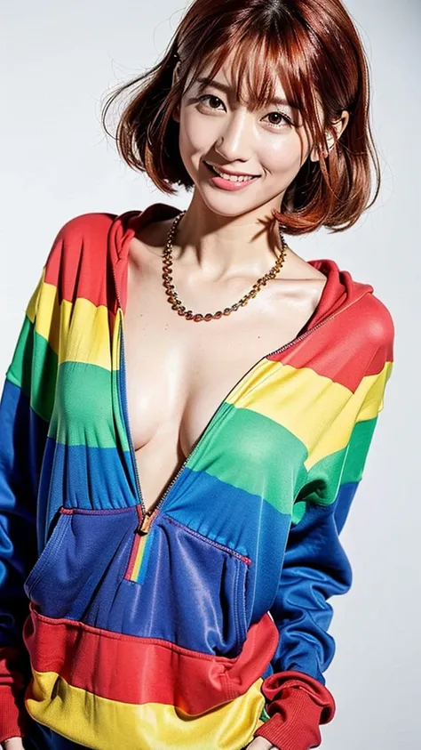 (Highest quality, 8K, 32k, masterpiece, Ultra-high resolution:1.2),Beautiful Japanese Women Photos, Rainbow clothes、Rainbow hoodie、Large Breasts, Very short bob hair,Red hair, necklace, Simple Background, From above, View your viewers,Red Hair、White backgr...