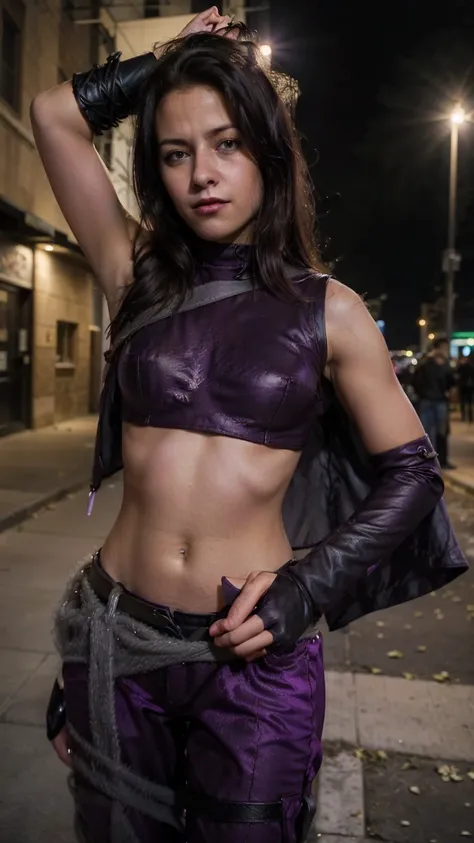 (masterpiece), (photorealistic1.4), (1 girl), (solo), (best quality), (epiCRealLife), (medium breast),  (Kate Bishop long hair), (sleeveless top), (kateb2023 black utility belt), (kateb2023 purple costume), (purple pants) (kateb2023 purple sleevless bodysu...