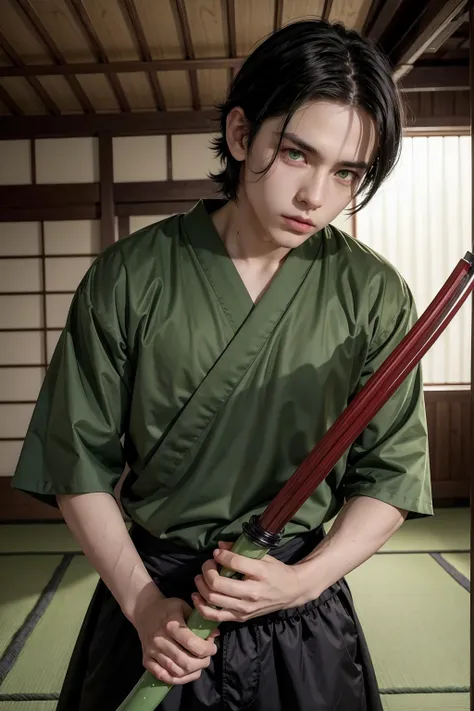 boy, black hair, light green eyes, athletic body, Demon Slayer clothes, in a Japanese house, holding a green katana, 