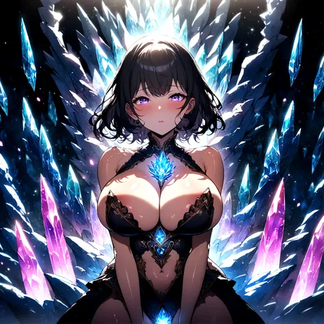 A girl, Perfect face, light, crystal tree forest, dramatic lighting,  sale, ultra detailed, floating glow lights, depth of field, (shiny powder), big tits and exposed vagina 