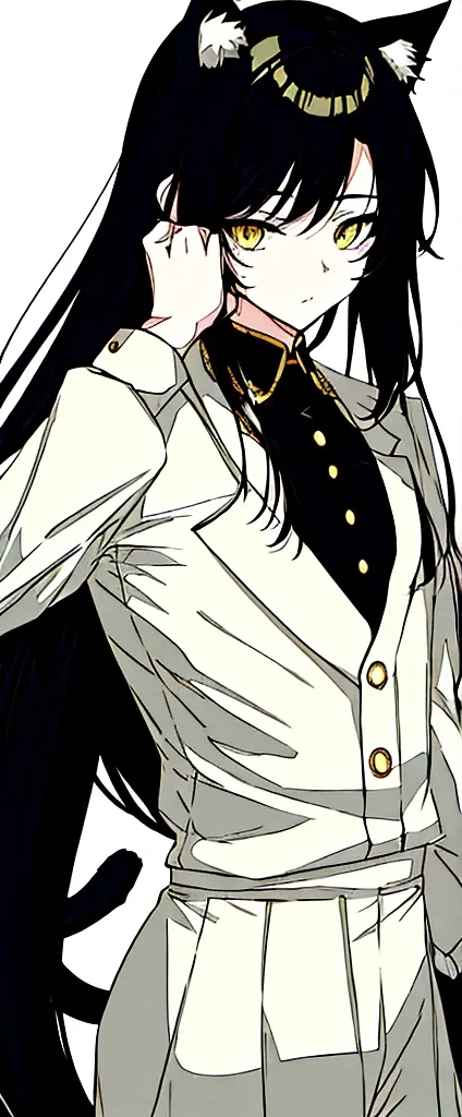 Anime boy with cat ears, Cat&#39;s tail, pale skin, black hair, eyes of different colors, the right one yellow with a star in the middle and the left one green, dress clothes, White shirt, white tie, black pantaloon, gabadina cafe background  