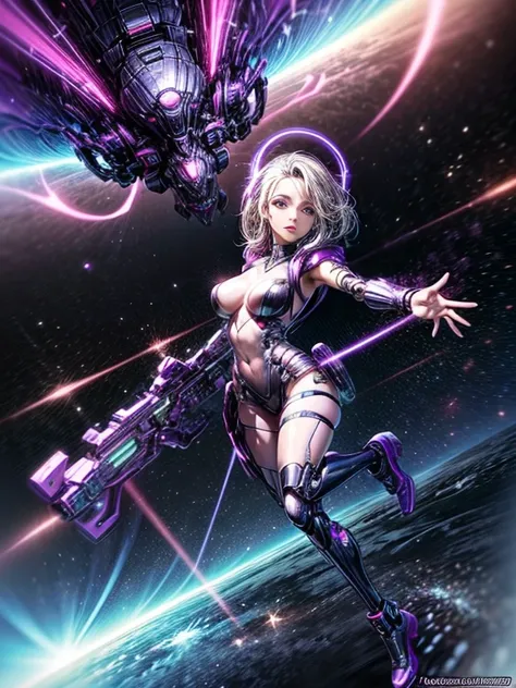 Luciwilde is a sexy cyborg with a entirely electric purple metallic body(obviously mechanical), metal helmet stylized as a fashion model hairdo (no hair visible), and a completely human face. She is flying through space propelled by jets in her feet. She h...