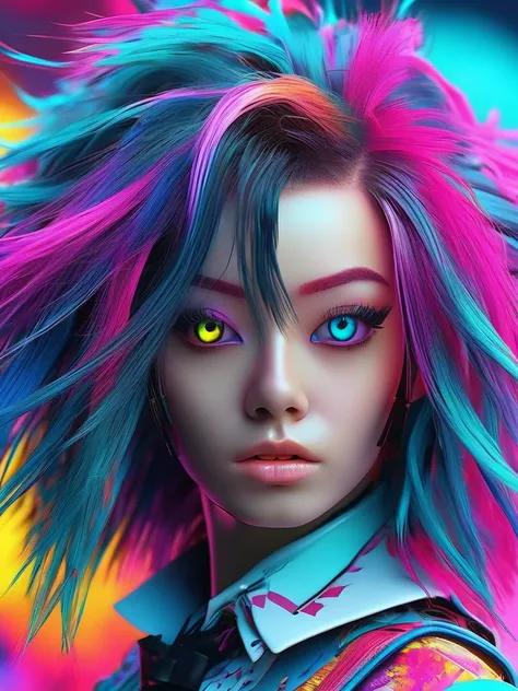 a close up of a person with a weird hair and a tie, epic 3 d abstract emo girl, glitchpunk girl, vibrant fan art, cyberpunk vibr...