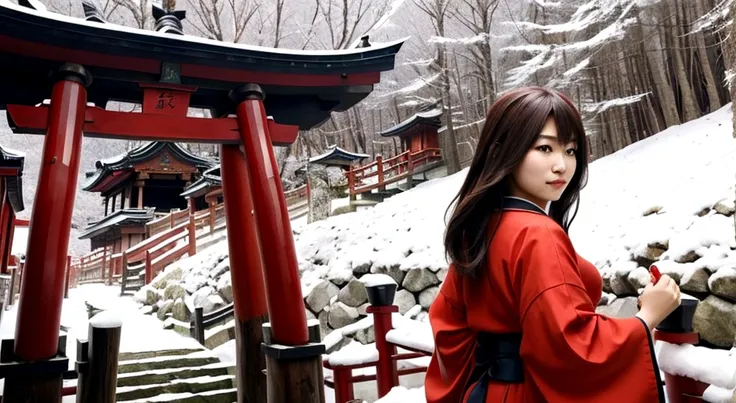 Beautiful female Tengu（1 person）、Large Breastuscular、feather、Deep in the mountains of Japan、shrine、torii、God、4K、Genuine、High resolution