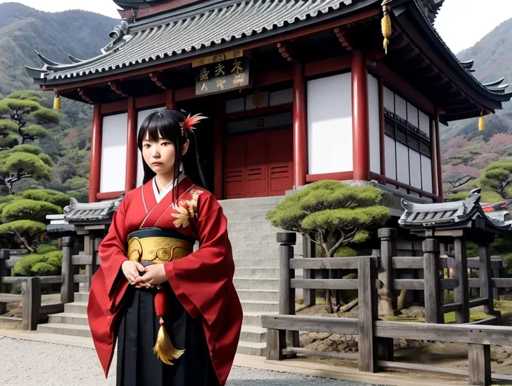 Japanese female Tengu（1 person）、Large Breastuscular、In front of a temple deep in the mountains、Gold feather、Real、photograph、4K