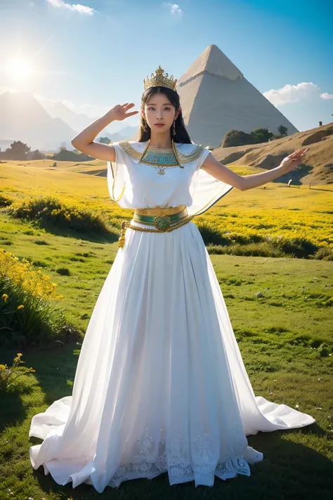 goddess, egypt, beautiful woman, stand sideways., ((bend a little.)), white clothes, the crown is made of flowers., the belt is ...