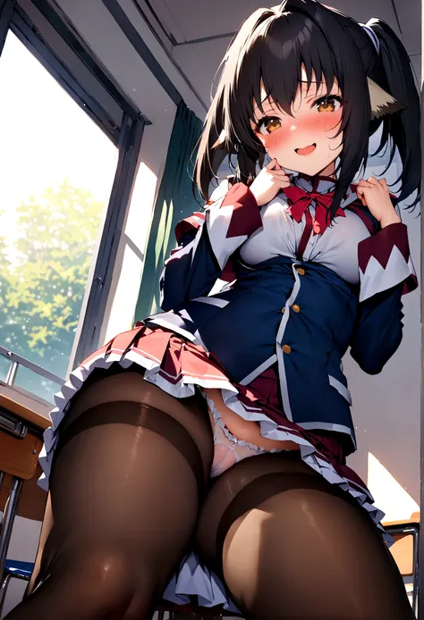 NSFW,masterpiece,Highest quality,High resolution,Super detailed,nekone (utawarerumono),uniform,mini skirt,pantyhose,White frilly panties,Embarrassed,blush,Expecting face,Seduce,smile,School,classroom