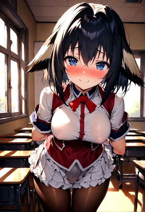 NSFW,masterpiece,Highest quality,High resolution,Super detailed,nekone (utawarerumono),uniform,mini skirt,pantyhose,White frilly panties,Embarrassed,blush,Expecting face,Seduce,smile,School,classroom