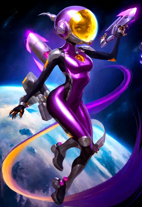 Luciwilde is a sexy cyborg with a entirely electric purple metallic body(obviously mechanical), metal helmet stylized as a fashion model hairdo (no hair visible), and a completely human face. She is flying through space propelled by jets in her feet. She h...
