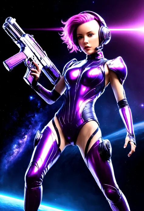 Luciwilde is a sexy cyborg with a entirely electric purple metallic body(obviously mechanical), metal helmet stylized as a fashion model hairdo (no hair visible), and a completely human face. She is flying through space propelled by jets in her feet. She h...