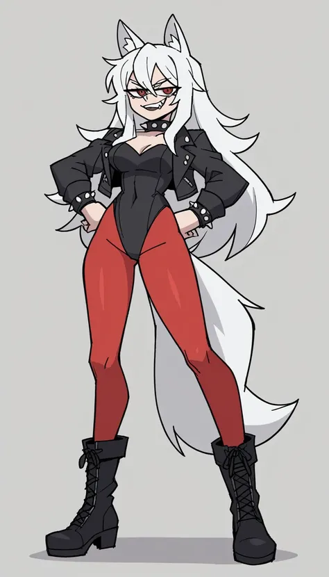 zPDXL, score_9, score_8_up, score_7_up, source_anime, 8k, absurdres, 1girl, solo,  vanitaker, white hair, long hair, white Fox ears, white Fox tail, red pantyhose, black jacket, black leotard, black boots, leotard under jacket, red eyes, fangs teeth, gray ...