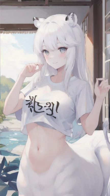 (best quality, masterpiece), 1 girl, centaur, It takes, White skin, Korean ,Smiling,exposing the abdomen,belly button t-shirt, 아름다운 소녀 perfect white tiger photo, perfect white tiger photo