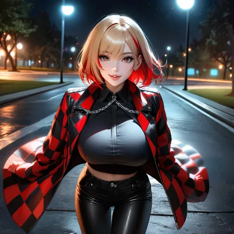 a woman wearing a long-sleeved jacket, checkered jacket with red and black colors, open jacket, short black shirt, exposed abdom...