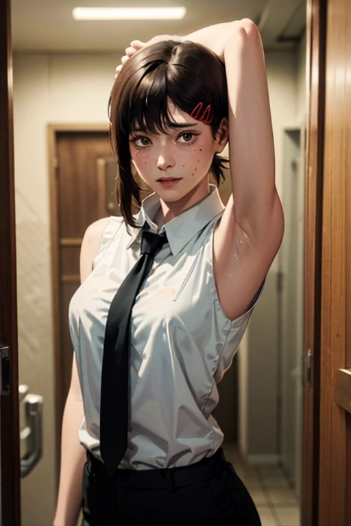 masterpiece, best quality, ultra-detailed, illustration, epic lighting, cinematic composition, isometric, 1girl, solo, cute, brown eyes, black hair, swept bangs, single sidelock, red hairclip, white collared shirt, sleeveless outfit, black necktie, black p...