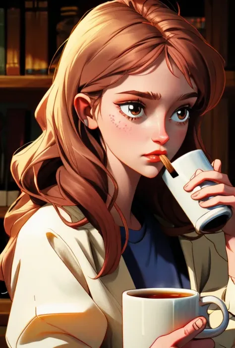 young woman, pretty, drinking coffee from a mug, 