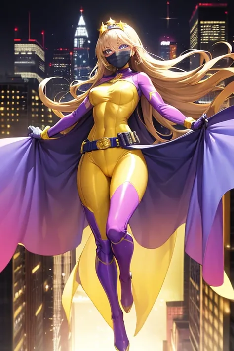 ((best quality)), ((masterpiece)), (detailed), 1 girl, Full body, 19 years old, Smiling face, Blue eyes, Star-shaped tiara, Arms outstretched, Arms behind waist, Masked, Eye mask, Blue superhero mask, Blushing, Blonde hair, Straight hair, Long hair, Bangs,...