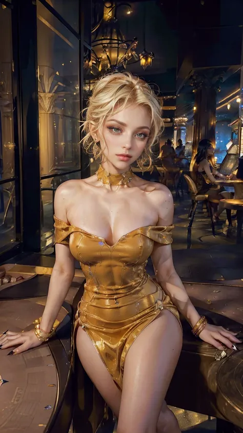 head on, medium shot framing, ((1 woman, Alone, sexy, blonde hair, short hair, ostentatious hairstyle, Seductive makeup, thick lips, amber eyes, diamond earrings, millionaire.)) (( He is in a casino throwing the lucky dice)) ((she is dressed with: a very l...