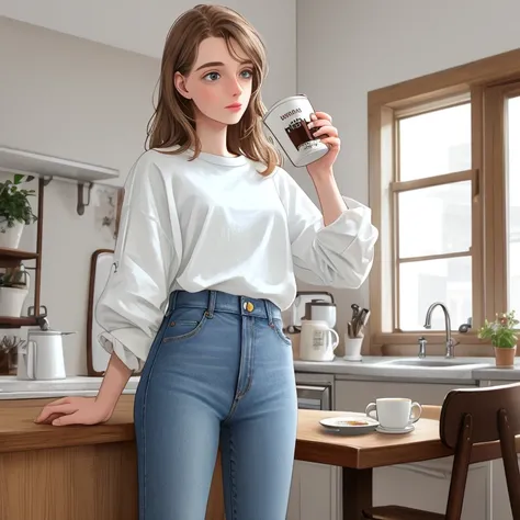 25 year old female, pretty, drinking coffee from a mug, white  shirt, jeans