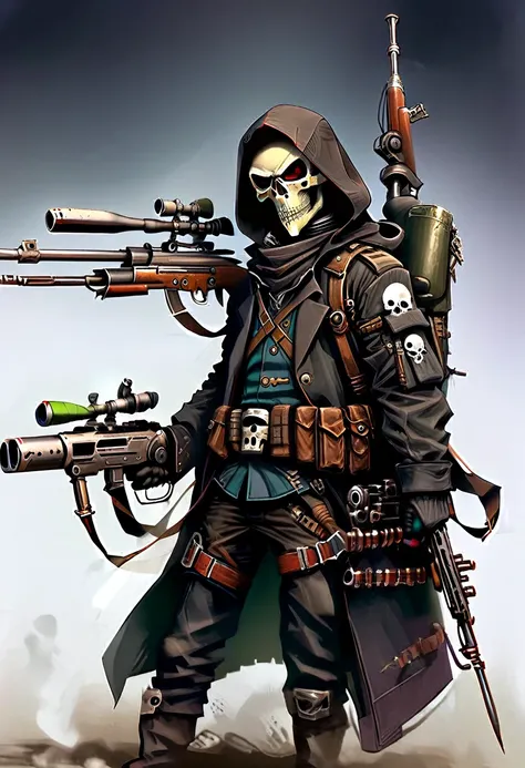 sniper, with black coat, Bounty Hunter, twist at the waist, skull and hood mask, with motorized sniper rifle in hand aiming at a rich man 