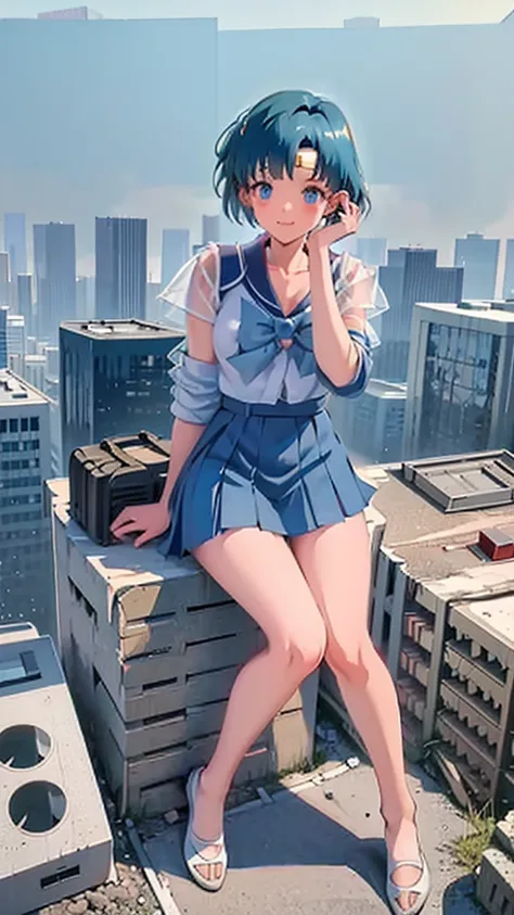 Anime style beauty masterpiece Unreal Engine precision cute girl Giant girl (Ami Mizuno in skyscraper) Short blue hair Sailor Mercury uniform Sneakers　((Aerial view)) Flood Heavy rain Torrential rain Cloudy sky Dark sky Collapsed building Destroyed ((Destr...