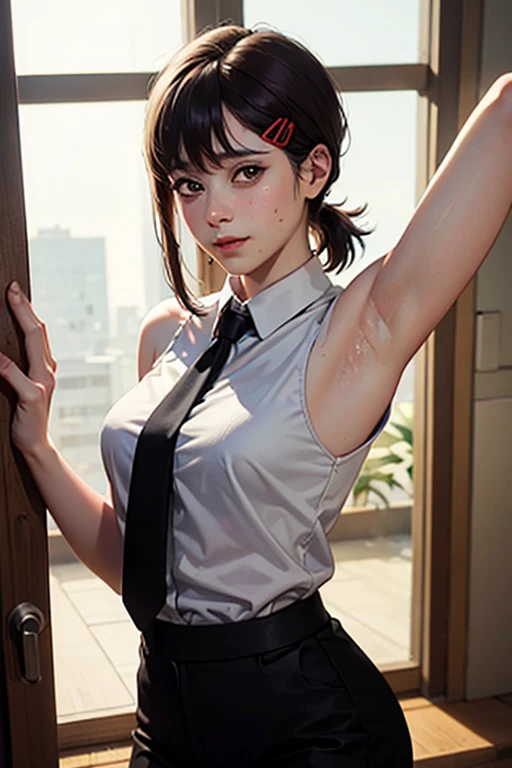 masterpiece, best quality, ultra-detailed, illustration, epic lighting, cinematic composition, isometric, 1girl, solo, cute, brown eyes, black hair, swept bangs, single sidelock, red hairclip, white collared shirt, sleeveless outfit, black necktie, black p...