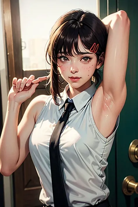 masterpiece, best quality, ultra-detailed, illustration, epic lighting, cinematic composition, isometric, 1girl, solo, cute, brown eyes, black hair, swept bangs, single sidelock, red hairclip, white collared shirt, sleeveless outfit, black necktie, black p...