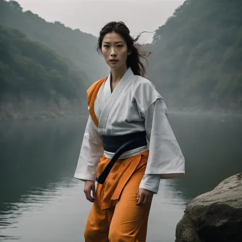 Quite a bit body of a beautiful face taekwondo Korean girls on ‘cliff’ still from the film, (Anne Hathaway look alike face: 0.7), in the style of foggy valley, fighting practice photography, tangerine and fossil grey, burne-jones, photorealistic urban scen...