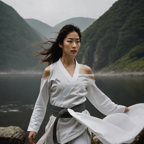 Quite a bit body of a beautiful face taekwondo Korean girls on ‘cliff’ still from the film, (Anne Hathaway look alike face: 0.7), in the style of foggy valley, fighting practice photography, tangerine and fossil grey, burne-jones, photorealistic urban scen...