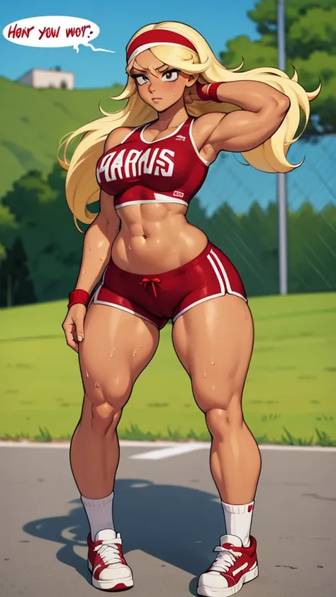 Athletic and super curvy milf, muscle, bimbo, bandana on head, Long blonde hair, sports top, red sports shorts, tiny shorts, parts, tanned skin, sunburn, knee high socks, sneakers, sweating, clothes wet with sweat