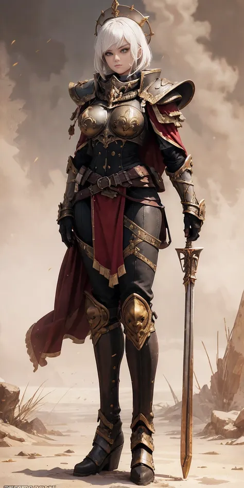 Character: Gender: Female Age: Mature (combines "veteran warrior" and "milf") Body type: Strong and athletic Skin: Very pale Hair: (details missing from prompt, can be added later) Attire: Armor: Full body, heavy armor (preferably red accents) Clothing: Re...