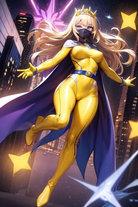 ((best quality)), ((masterpiece)), (detailed), 1 girl, Full body, 19 years old, Smiling face, Blue eyes, Star-shaped tiara, Arms outstretched, Arms behind waist, Masked, Eye mask, Blue superhero mask, Blushing, Blonde hair, Straight hair, Long hair, Bangs,...