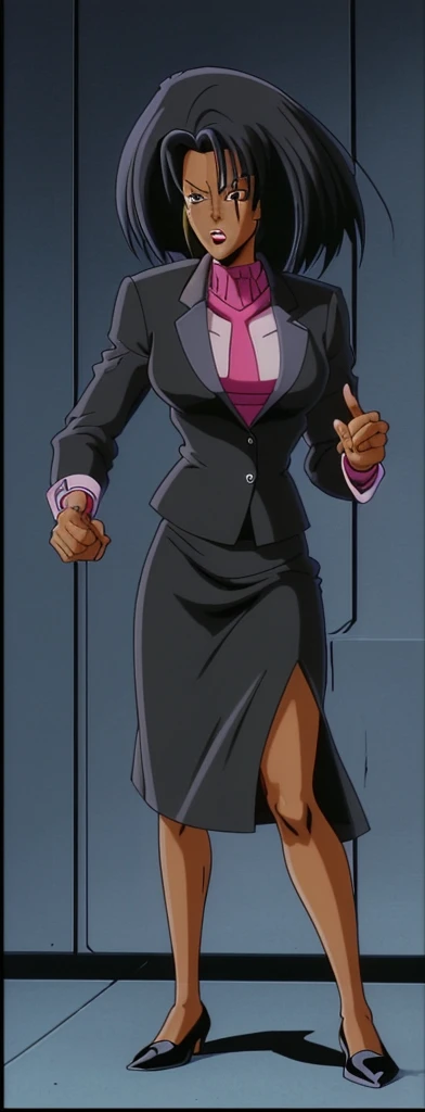 90s style Anime Evil black skinned business woman in a skirt suit 