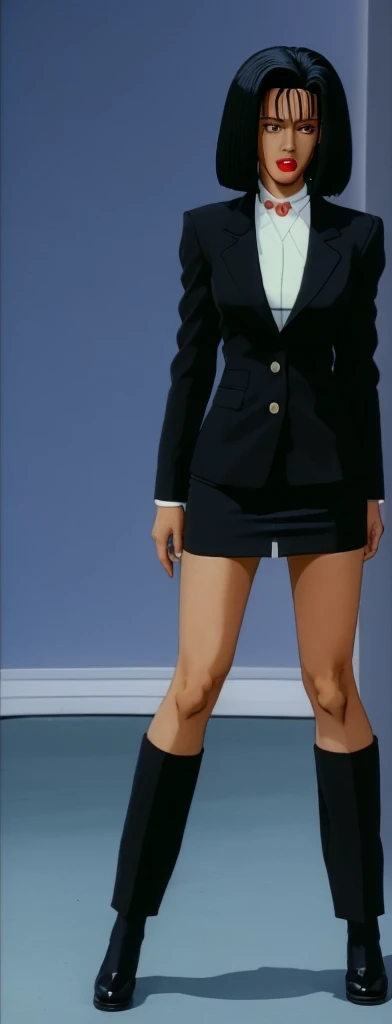 90s style Anime Evil black skinned business woman in a skirt suit 