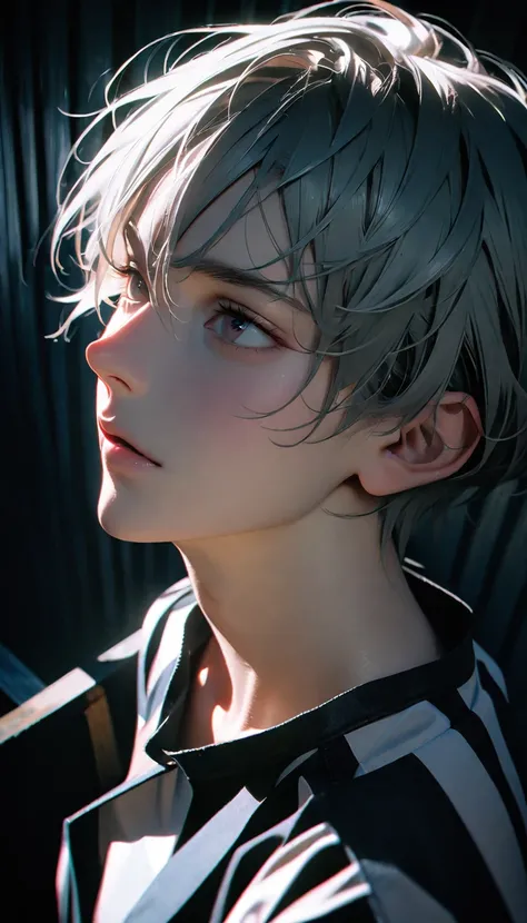 (8K, RAW photos, best quality, masterpiece: 1.4), (((Boy examining himself)))，Ultra-high resolution, Extremely detailed, Dim Lights, Upper body close-up, handsome boy, black eyes, (delicate eyes, Eyes are bright:1.2), Gray short hair, Fair skin,dark, Black...