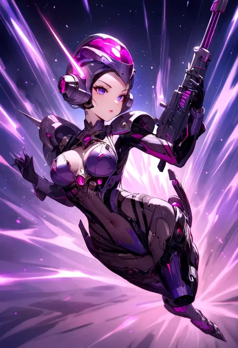 Luciwilde is a sexy cyborg with a entirely electric purple metallic body(obviously mechanical), metal helmet stylized as a fashion model hairdo (no hair visible), and a completely human face. She is flying through space propelled by jets in her feet. She h...