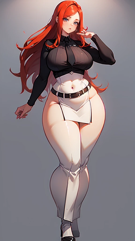 blank background, (((full body))), (masterpiece), ((best quality)), ((tall girl)), straight hair (curvy:1.8), (short skirt), shoes, belt below navel, redhead hair,, (black suit and tie), wide hips