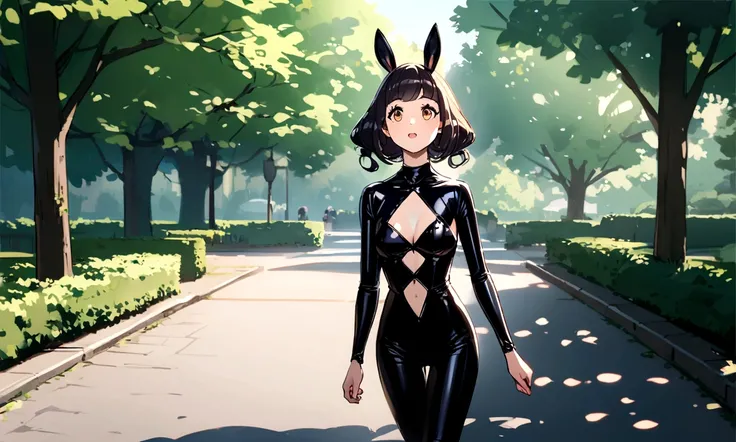 lovely lady, black long hair, shiny brown eyes, wears a jet black and gray bunny girl outfit, walking in the park