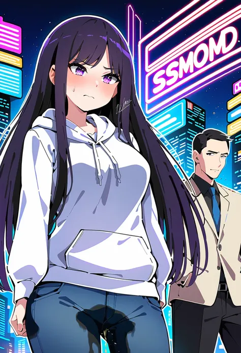 (masterpiece:1.37), best quality, (extremely detailed:1.37), woman, (mature:1.5), (adult:1.5), large breasts, very long hair, (straight hair:1.5), dark purple hair, purple eyes, (extremely detailed eyes:1.37), hoodie, jeans, desperation, wetting self, stan...