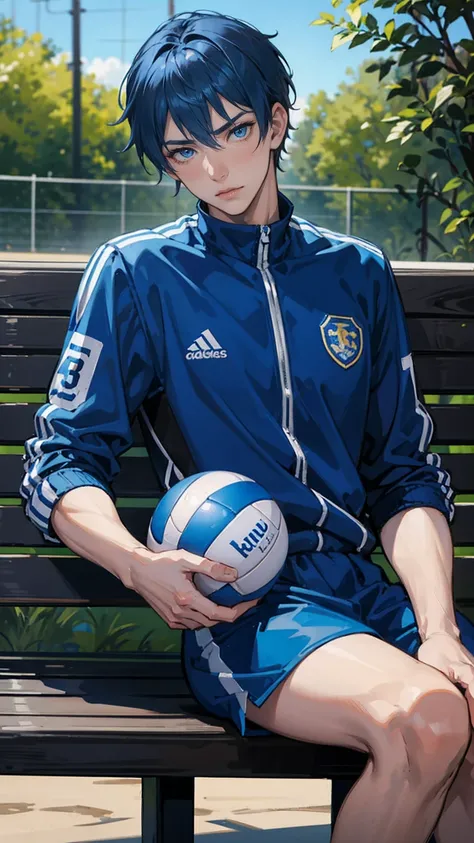 blue hair boy, detailed blue eyes, serious look, seductive, slightly effeminate but beautiful face, wearing volleyball uniform, held a ball, sitting on a bench 