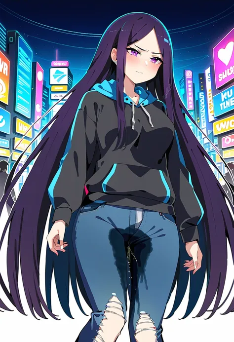 (masterpiece:1.37), best quality, (extremely detailed:1.37), woman, (mature:1.5), (adult:1.5), large breasts, very long hair, (straight hair:1.5), dark purple hair, purple eyes, (extremely detailed eyes:1.37), hoodie, jeans, desperation, wetting self, stan...