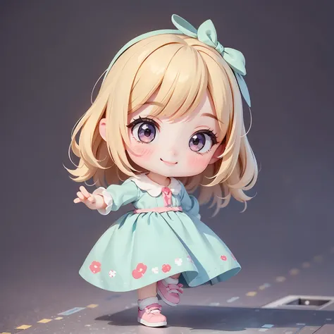  Super Chibi Character：1.8、Wearing cute shoes、The gaze is looking at us、background：simple、Blonde Hair、Cute 7 year old girl、pink cinderella dress、smile：1.5、Glad with open arms