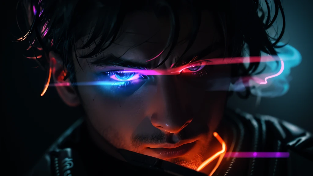 cyberpunk, a soldier full figure with a ghostly of light and smoke and flames, high detail, long shot, wide shot, 4K, 3D, REALISTIC, (iridescent glow smoke), UHD, 32K, very bold neon colors, black light, neon lights