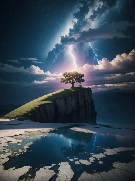 Surrealism, surrealistic, futurist, Surrealism Realm, Sky Surrealism, Celestial Tree, big tree, paisaje, panorama, Sky Heaven, naturey, palmtrees, Cedars, forst, Rivers of water, Thunder Light, Detailed Realistic FullHD Fotorrealism, Majestic, comely, fire...