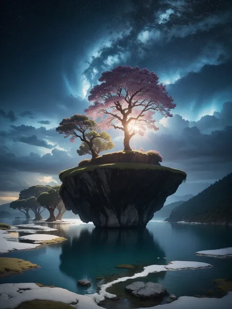 Surrealism, surrealistic, futurist, Surrealism Realm, Sky Surrealism, Celestial Tree, big tree, paisaje, panorama, Sky Heaven, naturey, palmtrees, Cedars, forst, Rivers of water, Thunder Light, Detailed Realistic FullHD Fotorrealism, Majestic, comely, fire...